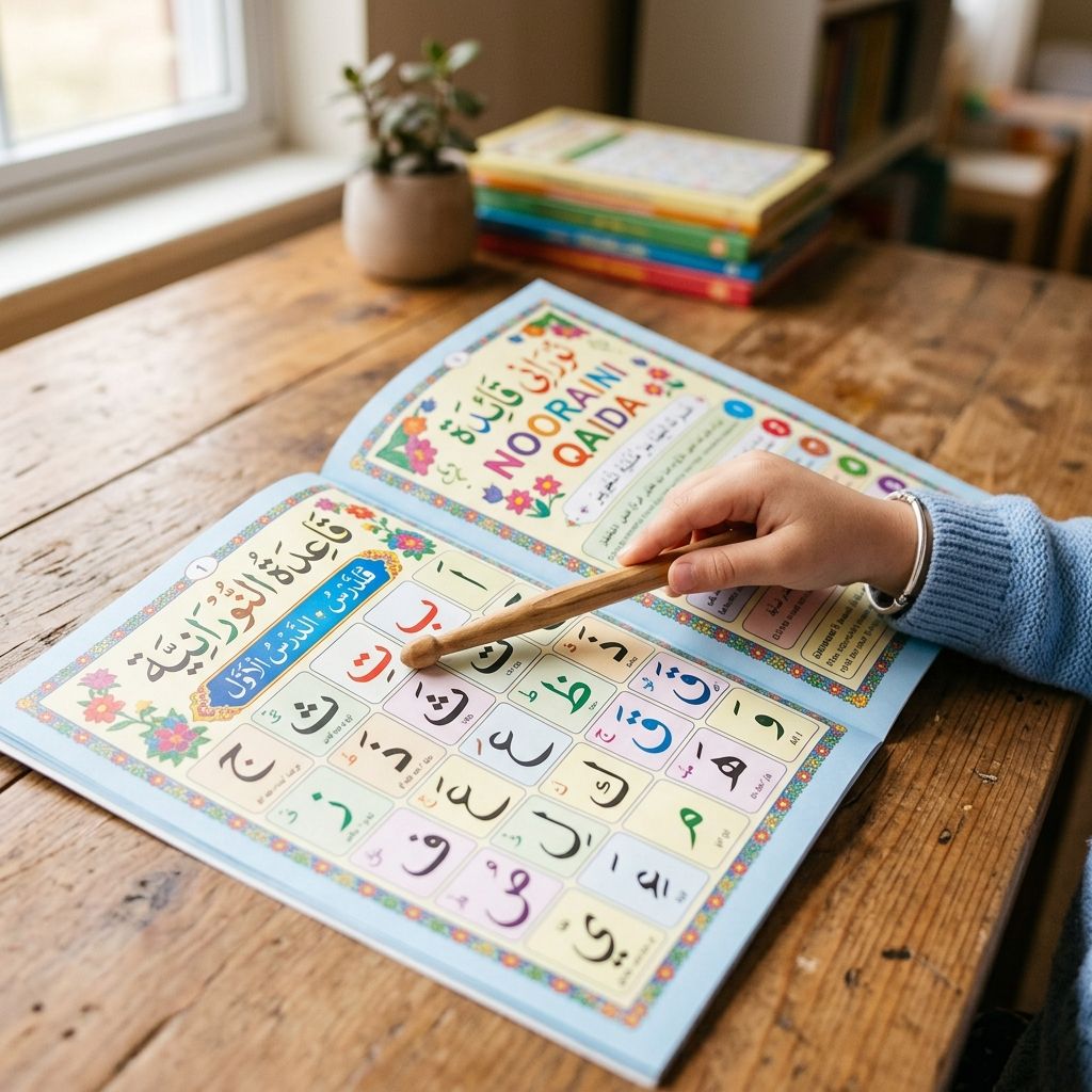 A child pointing to letters in a Noorani Qaida book